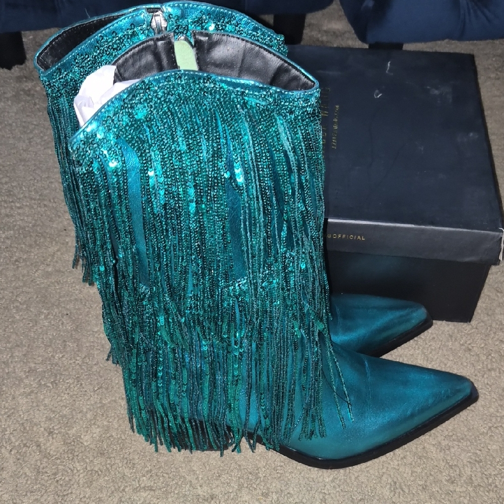 Azalea Wang Teal Fringe Cowboy Boots